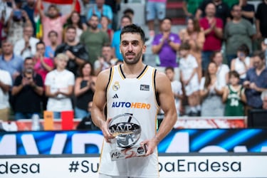 El jugador argentino, Facu Campazzo, posa con el trofeo MVP.
 