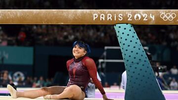 Mexico's Alexa Moreno reacts after falling down during the balance beam event of the artistic gymnastics women's qualification during the Paris 2024 Olympic Games at the Bercy Arena in Paris, on July 28, 2024. (Photo by Paul ELLIS / AFP)