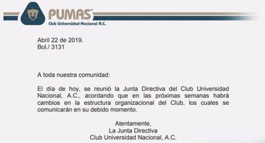 Habrá cambios en la estructura organizacional de Pumas