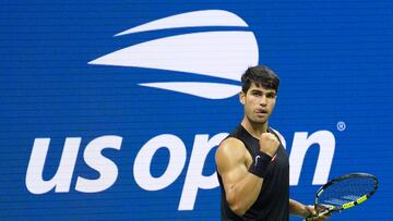 Aug 27, 2024; Flushing, NY, USA; Carlos Alcaraz of Spain celebrates a winner against Li Tu of Australia on day two of the 2024 U.S. Open tennis tournament at USTA Billie Jean King National Tennis Center. Mandatory Credit: Robert Deutsch-USA TODAY Sports