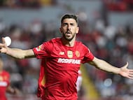 Joao Dias celebrates his goal 0-1 of toluca during the 10th round match between Necaxa and Toluca as part of the Liga BBVA MX Varonil, Torneo Clausura 2026 at Victoria Stadium, on February 21, 2026 in Aguascalientes, Mexico.