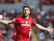Joao Dias celebrates his goal 0-1 of toluca during the 10th round match between Necaxa and Toluca as part of the Liga BBVA MX Varonil, Torneo Clausura 2026 at Victoria Stadium, on February 21, 2026 in Aguascalientes, Mexico.