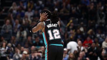 MEMPHIS, TENNESSEE - OCTOBER 22: Ja Morant #12 of the Memphis Grizzlies reacts during the first half against the New Orleans Pelicans at FedExForum on October 22, 2025 in Memphis, Tennessee. NOTE TO USER: User expressly acknowledges and agrees that, by downloading and or using this photograph, User is consenting to the terms and conditions of the Getty Images License Agreement. Justin Ford/Getty Images/AFP (Photo by Justin Ford / GETTY IMAGES NORTH AMERICA / Getty Images via AFP)