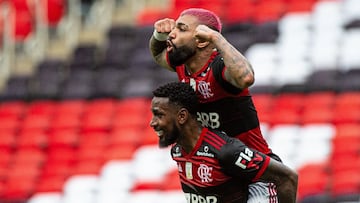 HANDOUT - 21 February 2021, Brazil, Rio de Janeiro: Flamengo&#039;s Gabriel Barbosa celebrates scoring his side&#039;s second goal during the Brazilian Championship Serie A soccer match between Clube de Regatas do Flamengo and Sport Club Internacional at 