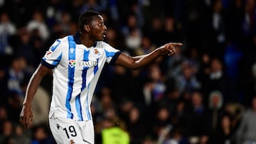 Real Sociedad's Nigerian forward #19 Umar Sadiq gestures during the Spanish league football match between Real Sociedad and Real Betis at the Anoeta stadium in San Sebastian on December 17, 2023. (Photo by ANDER GILLENEA / AFP)
