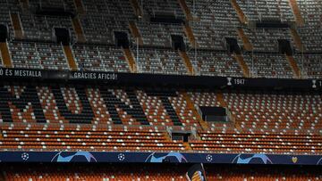 VALENCIA, SPAIN - MARCH 10: General view inside the empty stadium during the UEFA Champions League round of 16 second leg match between Valencia CF and Atalanta at Estadio Mestalla on March 10, 2020 in Valencia, Spain. (Photo by UEFA Pool/Getty Images)