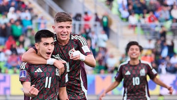 Gilberto Mora celebrates his goal 1-0 with Tahiel Jimenez of Mexico during FIFA U-20 Mens World Cup Chile 2025 match between Mexico (Mexican National Team) and Morocco as part Group-C at Elias Figueroa Brander Stadium, on October 04, 2025 in Valparaiso, Chile.
