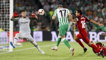 GRAF4821. SEVILLA, 02/09/2018.- El centrocampista del Real Betis JoaquÃn Sánchez (c) cabecea para marcar su gol, primero del equipo ante el Sevilla FC, durante el partido de la tercera jornada de Liga en Primera División que Real Betis y Sevilla FC dis