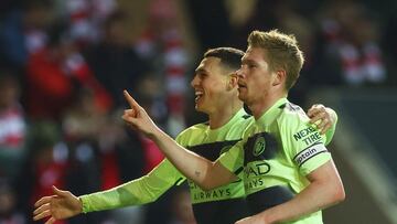 Soccer Football - FA Cup - Fifth Round - Bristol City v Manchester City - Ashton Gate Stadium, Bristol, Britain - February 28, 2023 Manchester City's Kevin De Bruyne celebrates scoring their third goal with Phil Foden Action Images via Reuters/Paul Childs