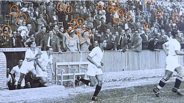 Imagen de un partido del Valencia de los años 40 en la que se han rodeado en círculo naranja a las mujeres presentes en la grada del estadio / 'Camp de Mestalla. Un recorrido por la historia', Paco Lloret (Fundació Bancaixa)