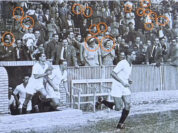 Imagen de un partido del Valencia de los años 40 en la que se han rodeado en círculo naranja a las mujeres presentes en la grada del estadio / 'Camp de Mestalla. Un recorrido por la historia', Paco Lloret (Fundació Bancaixa)