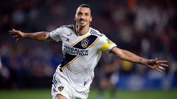Sep 15, 2019; Carson, CA, USA; LA Galaxy forward Zlatan Ibrahimovic (9) celebrates a goal during the second half against Sporting Kansas City at StubHub Center. Mandatory Credit: Kelvin Kuo-USA TODAY Sports TPX IMAGES OF THE DAY