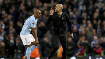 Manchester City manager Pep Guardiola gestures during the  Champions League, quarterfinal second leg soccer match against Liverpool at the Etihad Stadium, Manchester, England Tuesday April 10, 2018. (Tim Goode/PA via AP)