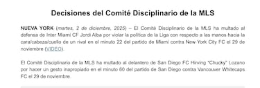 MLS sanciona a Jordi Alba previo a la final de MLS Cup 