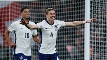 LONDON, ENGLAND - NOVEMBER 17: Conor Gallagher of England celebrates with teammate Jude Bellingham after scoring their team's third goal during the UEFA Nations League 2024/25 League B Group B2 match between England and Republic of Ireland at Wembley Stadium on November 17, 2024 in London, England. (Photo by Richard Sellers/Sportsphoto/Allstar via Getty Images)
