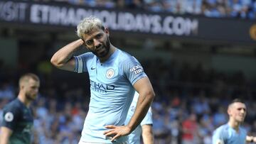 Manchester City&#039;s Sergio Aguero reacts during the English Premier League soccer match between Manchester City and Tottenham Hotspur at Etihad stadium in Manchester, England, Saturday, April 20, 2019. (AP Photo/Rui Vieira)