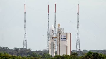 This photograph taken on April 14, 2023, shows Arianespace's Ariane 5 rocket on its launchpad, ready to take off, at the Guiana Space Center in Kourou, French Guiana. - The European Space Agency's JUICE mission to explore Jupiter's icy, ocean-bearing moons will again try to blast off on April 14, 2023, a day after the first launch attempt was called off due to the threat of lightning. (Photo by Jody AMIET / AFP) (Photo by JODY AMIET/AFP via Getty Images)