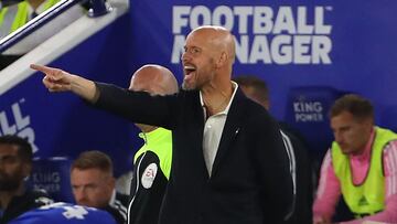 Manchester United's Dutch manager Erik ten Hag gestures on the touchline during the English Premier League football match between Leicester City and Manchester United at King Power Stadium in Leicester, central England on September 1, 2022. (Photo by Geoff Caddick / AFP) / RESTRICTED TO EDITORIAL USE. No use with unauthorized audio, video, data, fixture lists, club/league logos or 'live' services. Online in-match use limited to 120 images. An additional 40 images may be used in extra time. No video emulation. Social media in-match use limited to 120 images. An additional 40 images may be used in extra time. No use in betting publications, games or single club/league/player publications. /