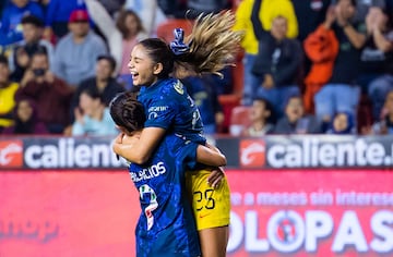      Kiana Palacios celebrates her goal 0-3 with Jana Gutierrez of America during the 13th round match between Tijuana and America as part of the Liga BBVA MX Femenil, Torneo Apertura 2024 at Caliente Stadium on September 29, 2024 in Tijuana, Baja California, Mexico.