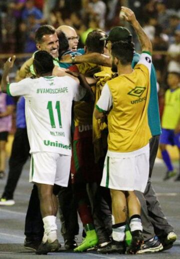 El banquillo del Chapecoense celebra la victoria del Chapecoense ante el Zulia junto a su entrenador Vagner Mancini.