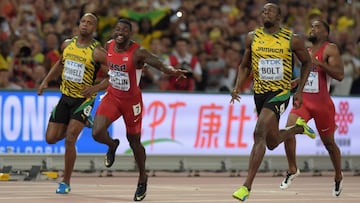 Usain Bolt , Justin Gatlin, Asafa Powell y Tyson Gay compiten en la final de los 100 metros lisos de los Mundiales de Atletismo de Pek&iacute;n 2015.