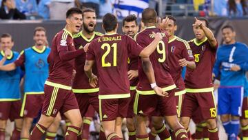 Jun 9, 2016; Philadelphia, PA, USA; Venezuela celebrates forward Jose Salomon Rondon (9) goal against Uruguay during the first half of a group play stage of the 2016 Copa America Centenario at Lincoln Financial Field. Mandatory Credit: Bill Streicher-USA TODAY Sports