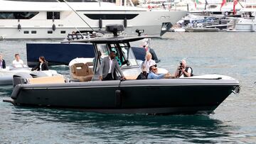 MONTE-CARLO, MONACO - MAY 26: Lewis Hamilton of Great Britain and Mercedes GP arrives at the circuit on a boat before the F1 Grand Prix of Monaco at Circuit de Monaco on May 26, 2019 in Monte-Carlo, Monaco. (Photo by Charles Coates/Getty Images)