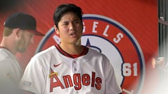 Jul 21, 2023; Anaheim, California, USA;   Los Angeles Angels starting pitcher Shohei Ohtani (17) chats in the dugout following the seventh inning against the Pittsburgh Pirates at Angel Stadium. Mandatory Credit: Jayne Kamin-Oncea-USA TODAY Sports