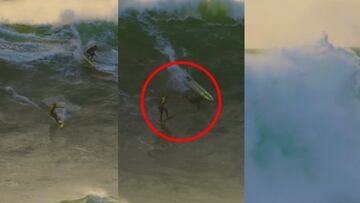 Nic Von Rupp en tow-in y Gabriel da Silva a remada sufrieron un espectacular choque en Praia do Norte en un día plagado de surfistas en el agua.