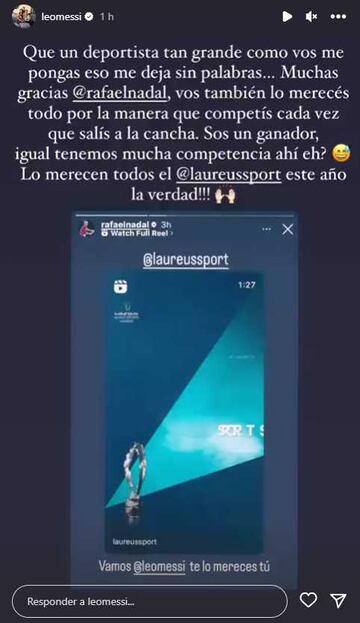 Mensaje de Leo Messi a Rafa Nadal a través de su cuenta de Instagram.