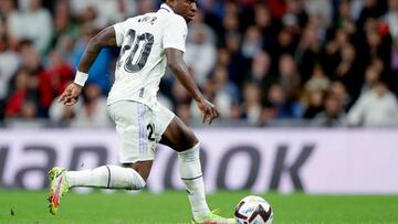 MADRID, SPAIN - OCTOBER 22:  Vinicius Junior of Real Madrid  during the La Liga Santander  match between Real Madrid v Sevilla at the Estadio Santiago Bernabeu on October 22, 2022 in Madrid Spain (Photo by David S. Bustamante/Soccrates/Getty Images)