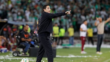 AME6999. MEDELLÍN (COLOMBIA), 22/12/2024.- El entrenador mexicano de Atlético Nacional, Efraín Juárez, da instrucciones este domingo, en el partido de vuelta de la final de la Liga Profesional de Colombia entre Atlético Nacional y Deportes Tolima en el estadio Atanasio Girardot en Medellín (Colombia). EFE/ STR