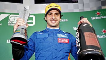 SAO PAULO, BRAZIL - NOVEMBER 17: Carlos Sainz of Spain and McLaren F1 celebrates after later being awarded third place in the F1 Grand Prix of Brazil at Autodromo Jose Carlos Pace on November 17, 2019 in Sao Paulo, Brazil. (Photo by Getty Images/Getty Images)