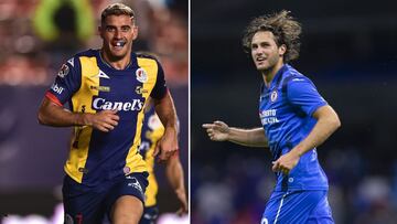 Germán Berterame (izq) y Santiago Giménez (der) festejan un gol con sus equipos