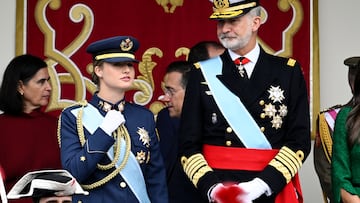 MADRID, SPAIN - OCTOBER 12: Crown Princess Leonor of Spain and King Felipe VI of Spain attend The National Day Military Parade on October 12, 2025 in Madrid, Spain. (Photo by Carlos Alvarez/Getty Images)