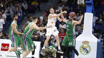 Carroll da un pase rodeado de jugadores del Unicaja. Está temporada habrá 20 partidos entre equipos españoles en la Euroliga.
