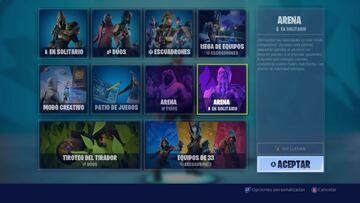 Los diferentes modos de Arena aparecen en el men&uacute; de selector de modo