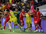 America and Toluca players fight during the Liga MX Clausura tournament football match between America and Toluca at the Azteca Stadium in Mexico City on April 18, 2026. (Photo by Victor Cruz / AFP)