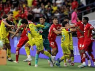 America and Toluca players fight during the Liga MX Clausura tournament football match between America and Toluca at the Azteca Stadium in Mexico City on April 18, 2026. (Photo by Victor Cruz / AFP)