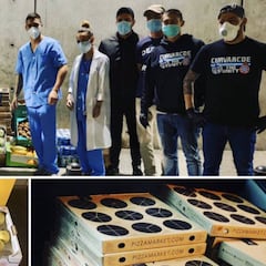 Los grupos de animación del Espanyol, con los sanitarios