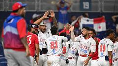 Panama's Johnny Yussef Santos celebrates with teammates after scoring during the Caribbean Series baseball game between Panama and Puerto Rico at LoanDepot Park in Miami, Florida, on February 5, 2024. (Photo by Chandan Khanna / AFP)