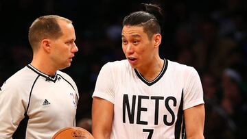 Mar 17, 2017; Brooklyn, NY, USA; Brooklyn Nets guard Jeremy Lin (7) talks to an official during the second half against the Boston Celtics at Barclays Center. Boston won 98-95. Mandatory Credit: Andy Marlin-USA TODAY Sports