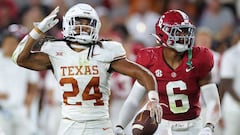 TUSCALOOSA, ALABAMA - SEPTEMBER 09: Jonathon Brooks #24 of the Texas Longhorns reacts after rushing for a first down during the fourth quarter against the Alabama Crimson Tide at Bryant-Denny Stadium on September 09, 2023 in Tuscaloosa, Alabama.   Kevin C. Cox/Getty Images/AFP (Photo by Kevin C. Cox / GETTY IMAGES NORTH AMERICA / Getty Images via AFP)