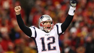 KANSAS CITY, MISSOURI - JANUARY 20: Tom Brady #12 of the New England Patriots celebrates after defeating the Kansas City Chiefs in overtime during the AFC Championship Game at Arrowhead Stadium on January 20, 2019 in Kansas City, Missouri. The Patriots de