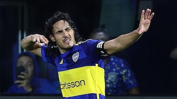 Boca Juniors' Uruguayan forward Edinson Cavani celebrates after scoring his team's third goal during the Argentine Professional Football League Cup 2024 match between Boca Juniors and Racing Club at La Bombonera stadium in Buenos Aires on March 10, 2024. (Photo by ALEJANDRO PAGNI / AFP)