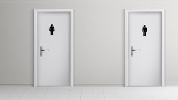 Public toilet male, female visitors entrances 3d realistic vector with corridor with tilled floor and two white doors with metal handles and man, woman pictogram illustration. Gender concept template