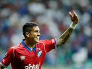 Nacional's Colombian defender #29 Julian Millan celebrates after scoring a goal during the Copa Libertadores group stage football match between Brazil's Bahia and Uruguay's Nacional at the Arena Fonte Nova stadium in Salvador, state of Bahia, Brazil, on May 7, 2025. (Photo by Arisson MARINHO / AFP)