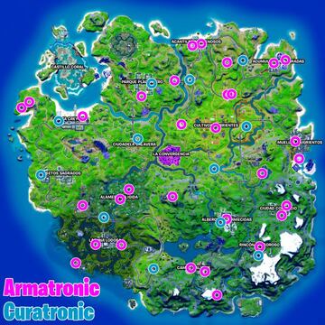 Mapa con las ubicaciones de las m&aacute;quinas expendedoras durante la Temporada 8 de Fortnite Cap&iacute;tulo 2