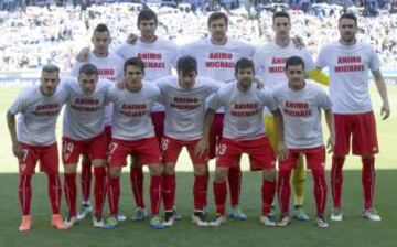 El once inicial del Sevilla. De pie: Kolodziejczak, Fazio, Llorente, Sergio Rico e Iborra. Agachados: Diogo, Cristóforo, Cotan, Sánchez, Coke y Matos. 