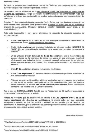 Javier Tebas rectifica a AS